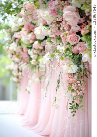 Luxurious floral backdrop featuring pink and white roses with lush greenery, elegantly draped over soft pink fabric Luxurious floral backdrop featuring pink and white roses with lush greenery, elegantly draped over soft pink fabric 122967649