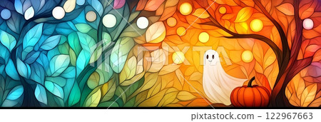 A wide, stained glass-style illustration depicting a small ghost with a pumpkin amidst a vibrant forest scene 122967663