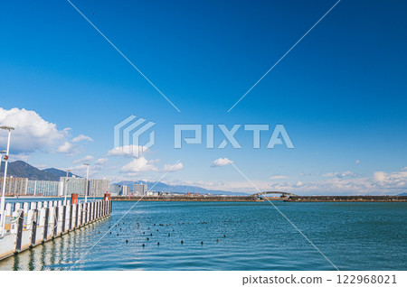 Lake Biwa Otsu Port scenery in winter Lake Biwa Otsu Port scenery in winter 122968021