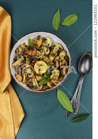 Vegan meal, based food, roasted mushrooms. 122968101