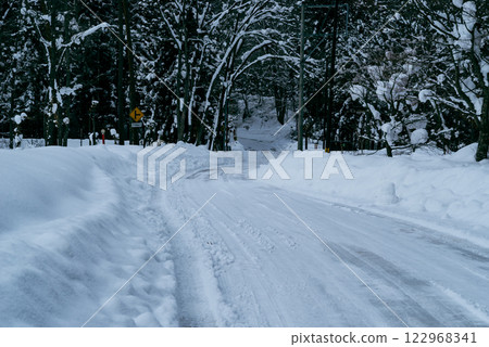 狹窄的道路覆蓋著積雪 e-2 涼爽的顏色 狹窄的道路覆蓋著積雪 e-2 涼爽的顏色 122968341