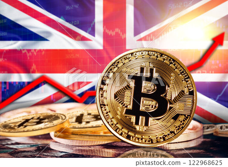 Bitcoin with United Kingdom flag in the background. Bitcoin rising with United Kingdom flag in the background 122968625