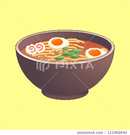 Pixel art noodle soup illustration. Pixelated ramen food for retro video game or icon for website. Vintage style vector illustration. 122968640