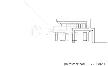 Continuous line drawing of an architecture building. Modern house with flat roof drawn by single line. Vector illustration. 122968641