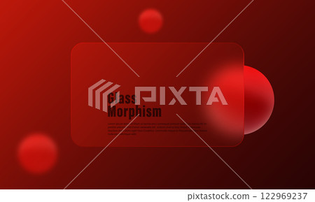 Glass morphism website landing page template. Red gradient background with glass partition in the center and floating red spheres. Glass morphism website landing page template. Red gradient background with glass partition in the center and floating red spheres. 122969237