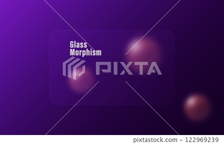 Vector image in glass morphism style. Translucent frosted glass panel in deep purple color and floating blurred spheres. Vector image in glass morphism style. Translucent frosted glass panel in deep purple color and floating blurred spheres. 122969239