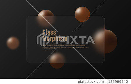 Glass morphism website landing page template. Graphite background with glass partition and mocha colored floating spheres. Glass morphism website landing page template. Graphite background with glass partition and mocha colored floating spheres. 122969240
