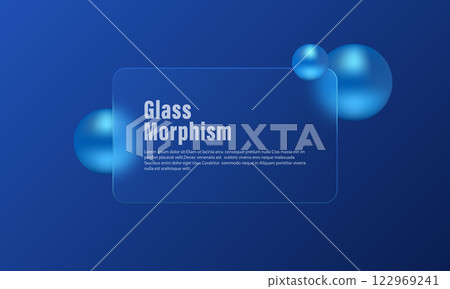 Glass morphism website landing page template .Blue gradient background and frosted glass partition with floating spheres. Glass morphism website landing page template .Blue gradient background and frosted glass partition with floating spheres. 122969241