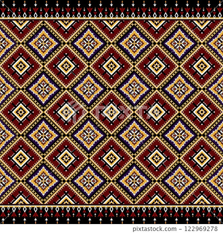 African ethnic  pattern combines the traditional Ikat style with bold geomatic designs. Featuring vibrant red tones contrasted against  ethnic a black background, it creates a visually captivating  et 122969278