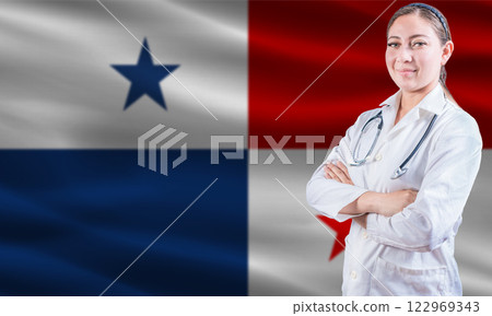 Female doctor on Panama flag. Doctor with crossed arms on Panama flag. Panama Health and Care concept 122969343