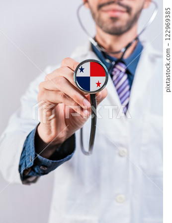 Panama health and medical insurance concept. Panama Healthcare System, doctor holding stethoscope Panama health and medical insurance concept. Panama Healthcare System, doctor holding stethoscope 122969385