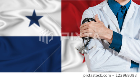 Doctor with stethoscope on Panama flag. Doctor holding stethoscope on Panama flag 122969388