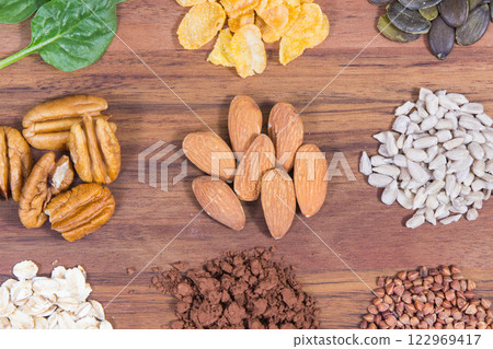 Healthy food and various ingredients on cutting board 122969417