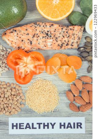 Nutritious food containing natural vitamins and minerals as best eating for healthy hair 122969433