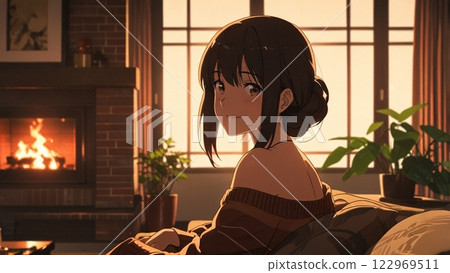 Woman relaxing in a room 122969511