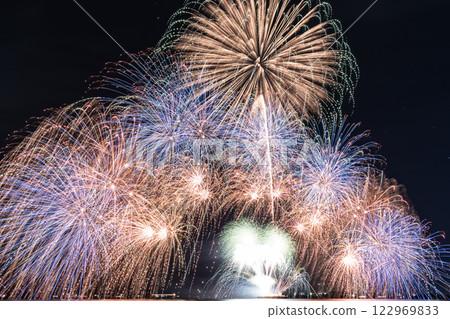 Large fireworks blooming in the night sky 122969833