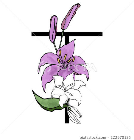 Lilly blossom purple flower alphabet for design of card or invitation. Vector floral letter illustrations, isolated on white background for wedding 122970125
