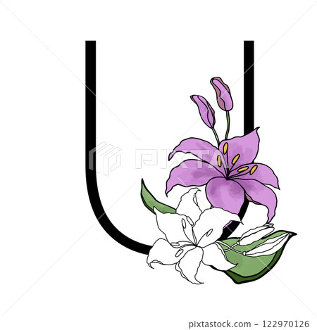 Lilly blossom purple flower alphabet for design of card or invitation. Vector floral letter illustrations, isolated on white background for wedding Lilly blossom purple flower alphabet for design of card or invitation. Vector floral letter illustrations, isolated on white background for wedding 122970126