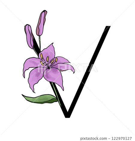 Lilly blossom purple flower alphabet for design of card or invitation. Vector floral letter illustrations, isolated on white background for wedding Lilly blossom purple flower alphabet for design of card or invitation. Vector floral letter illustrations, isolated on white background for wedding 122970127