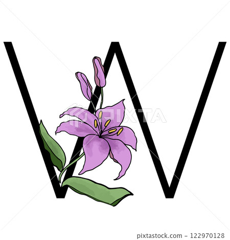 Lilly blossom purple flower alphabet for design of card or invitation. Vector floral letter illustrations, isolated on white background for wedding Lilly blossom purple flower alphabet for design of card or invitation. Vector floral letter illustrations, isolated on white background for wedding 122970128