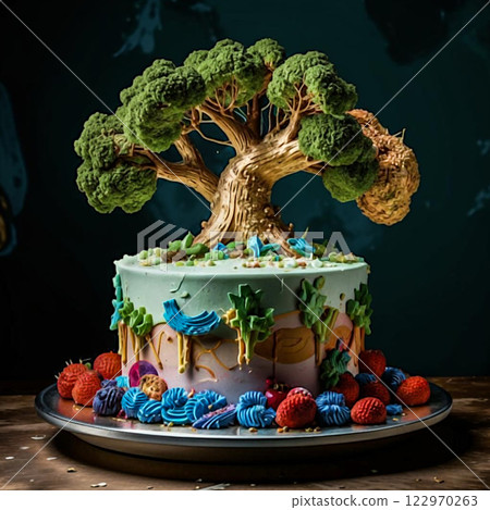 There is a bonsai tree on the cake. A creatively decorated cake in the shape of a tree with a curly crown. There is a bonsai tree on the cake. A creatively decorated cake in the shape of a tree with a curly crown. 122970263