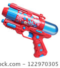 Vibrant Red Water Gun with Blue Flower Design for Songkran Celebration 122970305