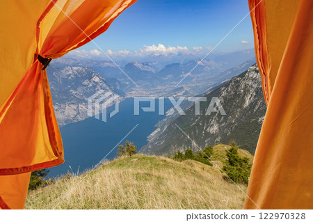 View from an open tent on Lago di Garda. Italy. 122970328