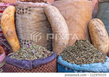 Selection of dried herbst on a traditional Moroccan market. Selection of dried herbst on a traditional Moroccan market. 122970335