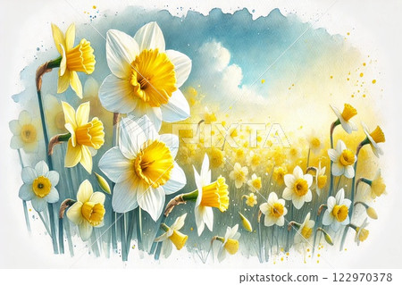 Daffodil flowers and blue sky 122970378