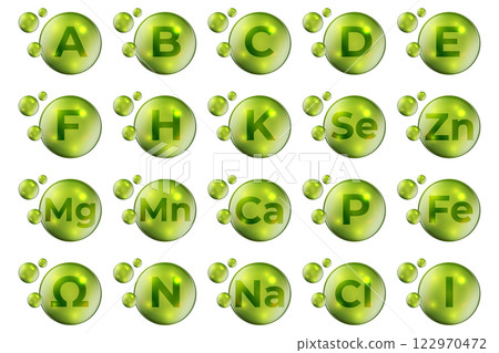 Vitamin and mineral bubble icons set 122970472
