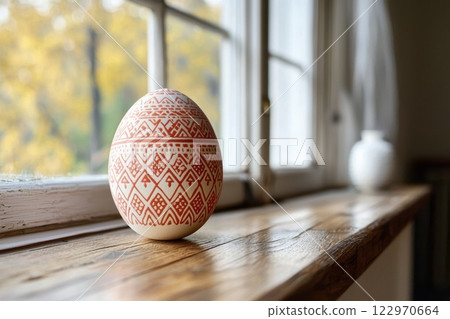 A Beautifully Decorated Egg Sitting on a Charming Window Sill, Radiating Cozy Aesthetics, 122970664