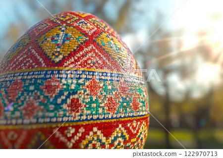A Beautifully Colorful Decorative Easter Egg Captured in Natural Soft Light Outdoors 122970713