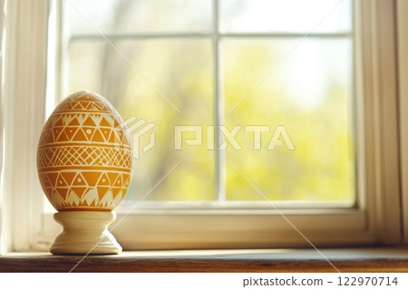 A Beautiful Decorative Easter Egg Placed by the Window Bathed in Soft, Gentle Light 122970714