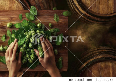 Preparation of Fresh Hops and Mint on a Rustic and Charming Wooden Table Setting 122970758