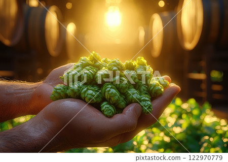 Hops were harvested fresh in the beautiful sunlight at a local brewery renowned for its craft 122970779