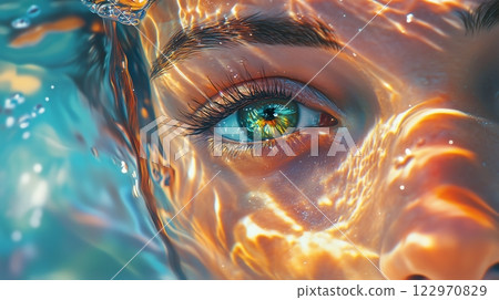 A blonde, blue-eyed girl blending into the sea, a fantastical sight 122970829