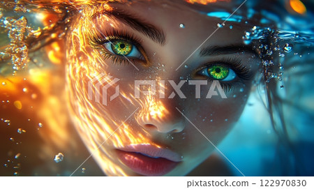 A beautiful woman with shining green eyes and golden hair, surrounded by a fantastic light on the sea surface. 122970830