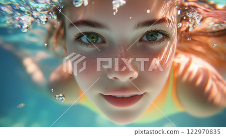 A magical and fantastical portrait of a beautiful girl in blue and orange 122970835