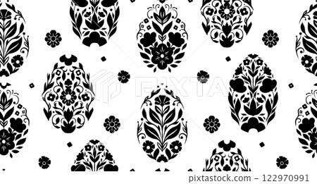 Vector monochrome seamless pattern with Easter eggs in folk art style. Texture with silhouette of decorative holiday eggs.Textile with floral ornament Vector monochrome seamless pattern with Easter eggs in folk art style. Texture with silhouette of decorative holiday eggs.Textile with floral ornament 122970991