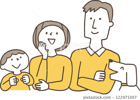 Family looking up with smiles, monochrome 122971007