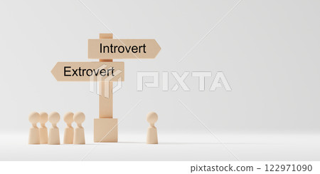 Introvert and Extrovert concept design of wooden people and signpost on white background 3D render 122971090