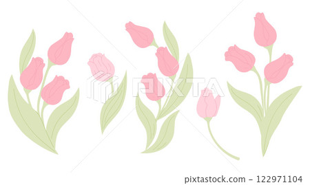 Pink Tulips collection. Isolated spring flowers and bouquets on white background. Vector illustration in pastel colors Pink Tulips collection. Isolated spring flowers and bouquets on white background. Vector illustration in pastel colors 122971104