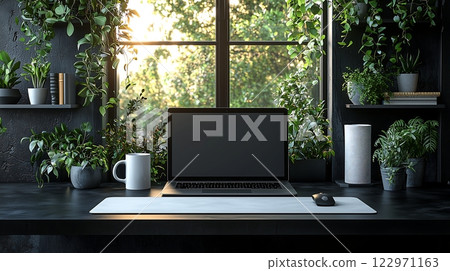 A modern minimalist scene with a luxurious black leather desk mat 122971163