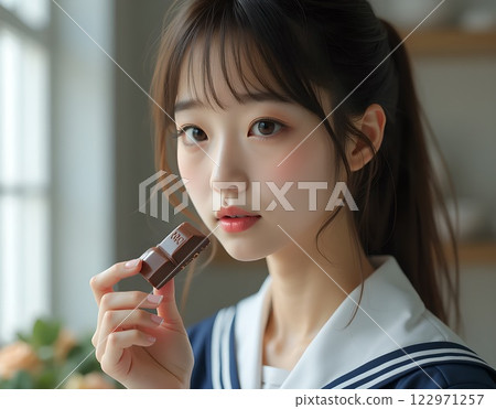 A high school girl eating chocolate while looking away 122971257