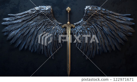 A magnificent scene of mysterious black wings and swords 122971671