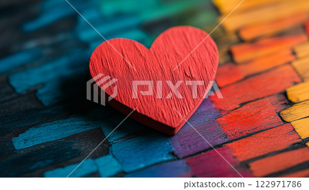 Red Wooden Heart On Rainbow Wooden Floor With Sunny Light 122971786