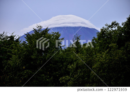 Mount Fuji covered in clouds in summer as seen from Neba in Fujikawaguchiko Town, Yamanashi Prefecture 122971939