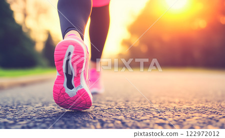 Woman Running in Park at Sunrise With Pink and Black Sportswear 122972012
