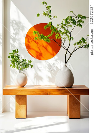A wooden bench with two vases and a plant on top of it 122972124