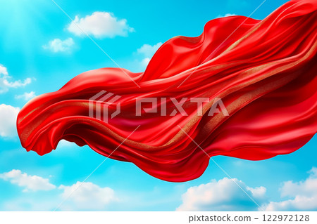 A red cloth flying in the sky with clouds in the background 122972128